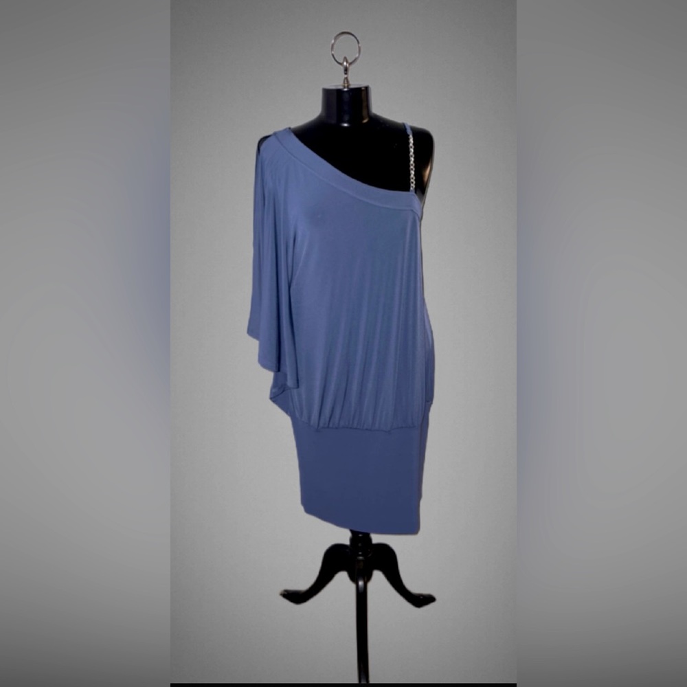 Grey/blue, off shoulder mini, one piece dress.